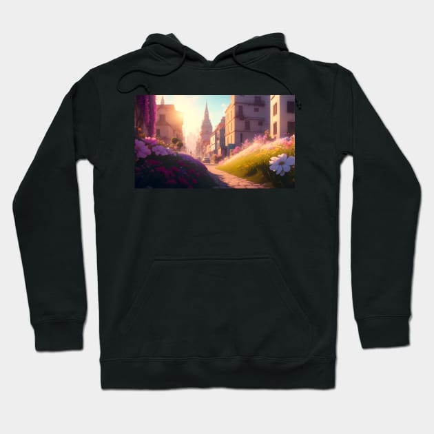 City street with beautiful flowers Hoodie by WODEXZ